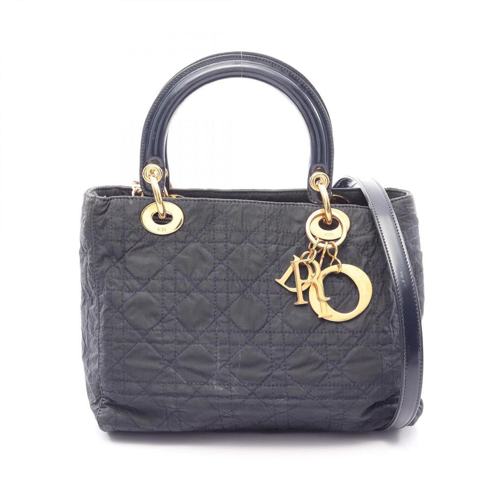 Christian Dior LADY Cannage Handbag Patent Vernis Leather Navy Blue